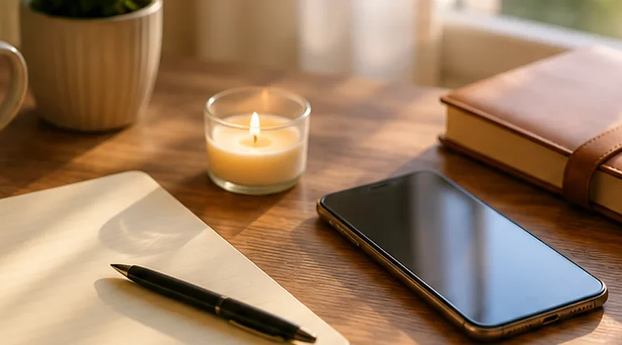 A journal, coffee, candle, phone and planner on a warm desk, representing dating for a purpose and intentional relationships.