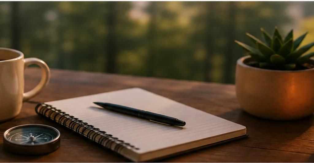 A notebook, coffee, plant, candle and compass on a warm table, representing dating with purpose, direction and meaningful relationship goals.