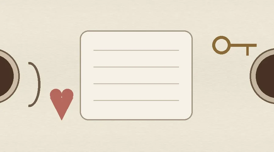 Two coffee mugs, a blank journal, brass key and heart on a warm table, representing divorced and dating with a thoughtful fresh start.