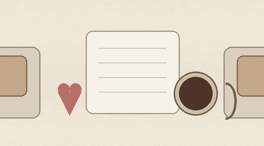 Two empty chairs, a blank journal, heart and coffee on a warm table, representing fear of rejection in relationships, uncertainty and emotional clarity.
