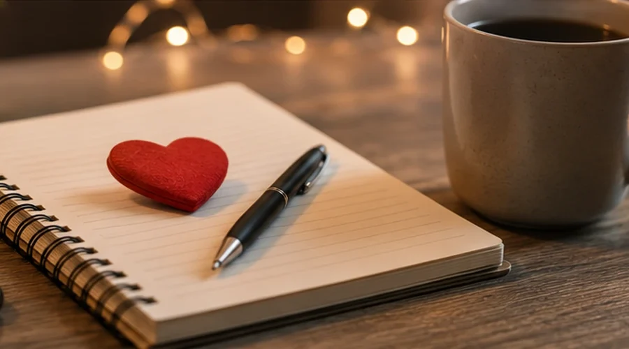 A smartphone, blank notebook, heart, coffee and warm lights on a desk, representing a friend dating app and intentional social connection.
