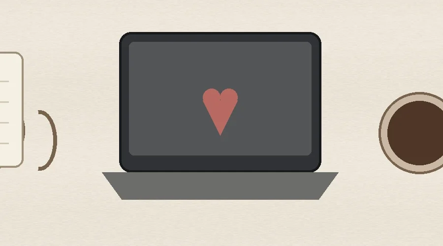Two coffee mugs, a closed-workspace laptop, blank notebook, office keycard and small heart on a warm desk, representing how to handle coworker attraction without drama.
