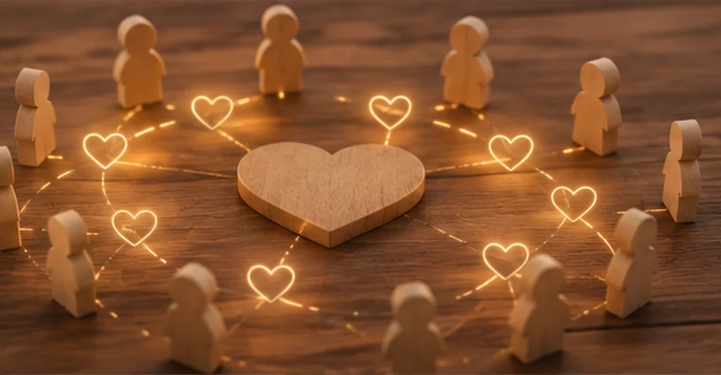 Wooden figures connected around a central heart by glowing heart links, representing mutual interest dating, reciprocity and private matching.
