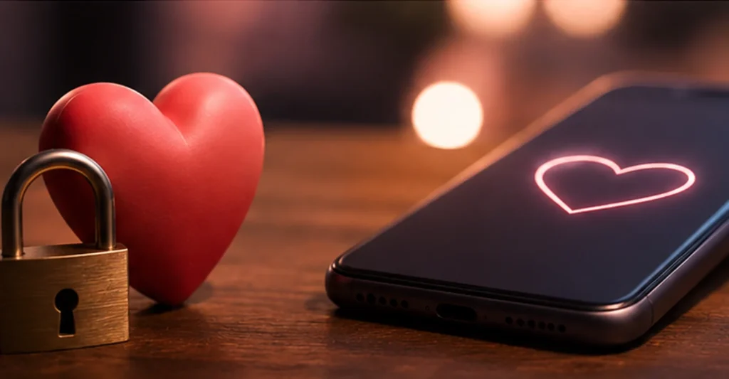 A red heart, small brass padlock, and smartphone on a warm table, symbolizing discreet mutual romantic interest.