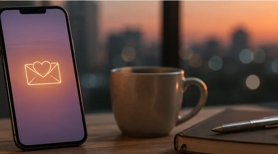 A smartphone with a glowing heart-envelope icon beside a wooden heart lock, coffee, notebook and candle, representing mutual matching and private-by-default dating.