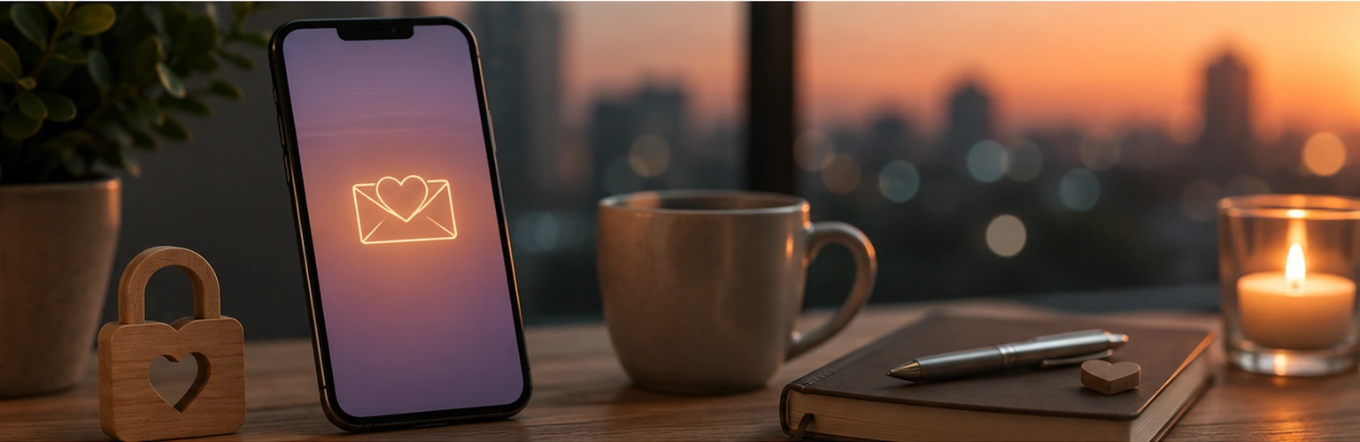 A smartphone with a glowing heart-envelope icon beside a wooden heart lock, coffee, notebook and candle, representing mutual matching and private-by-default dating.