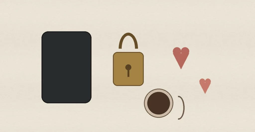 A face-down phone, brass lock, heart tokens and coffee, representing privacy, safety and mutual interest in post-divorce dating.

