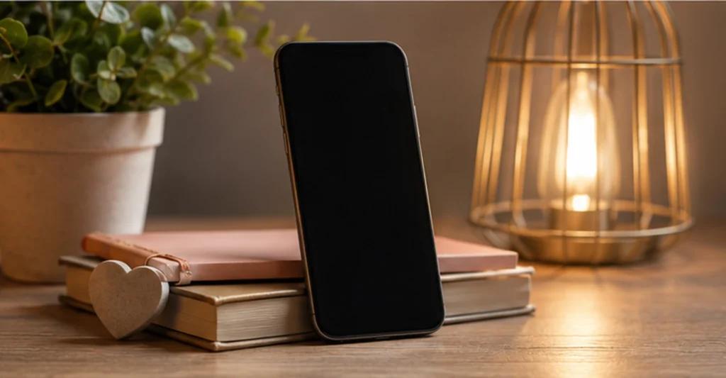 A dark smartphone beside books, a plant, heart token and warm lamp, representing a private dating app for discreet known-person connection.