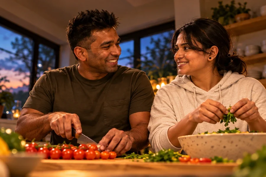 chemistry vs compatibility - couple laughing naturally during a slow-burn connection