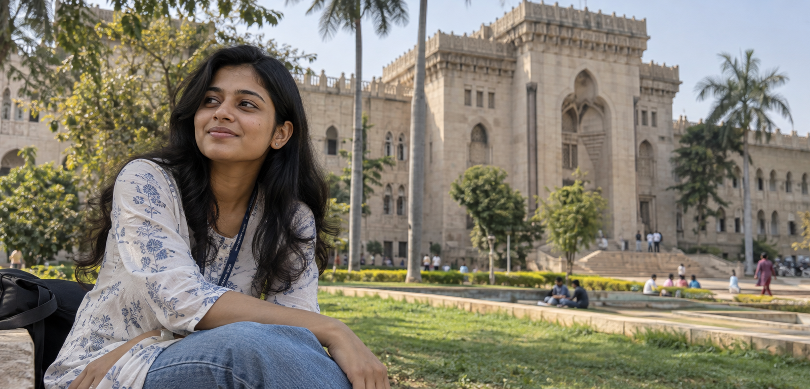 Young woman rebuilding dating confidence at Osmania University in Hyderabad