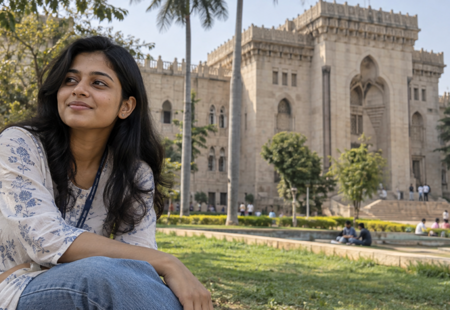 Young woman rebuilding dating confidence at Osmania University in Hyderabad